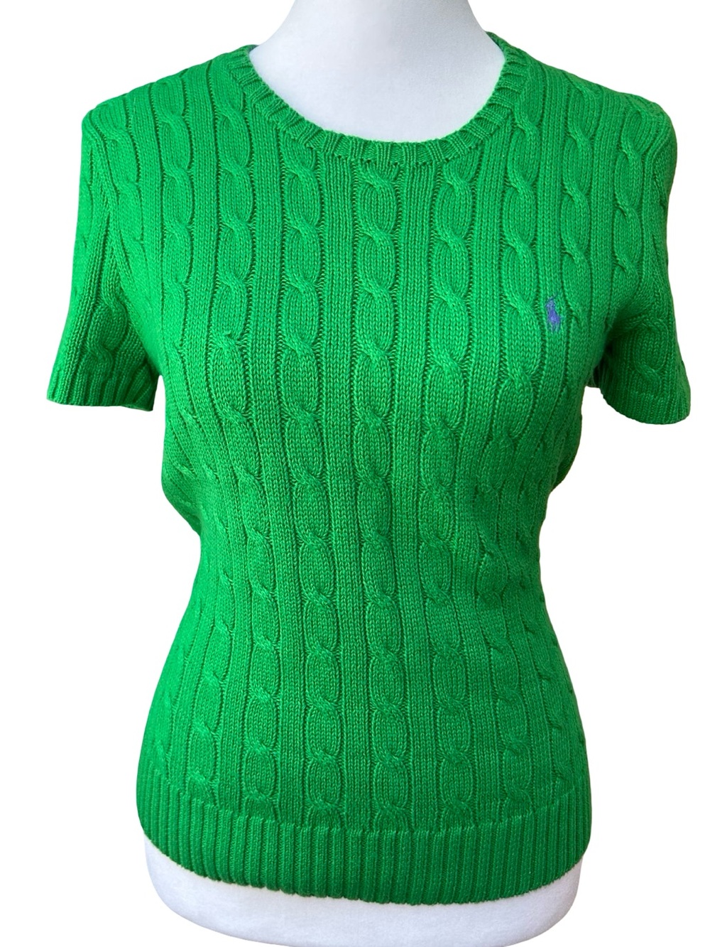 VTG Y2K Polo Ralph Lauren Green Cable Knit Short Sleeve preppy Sweater Womens S